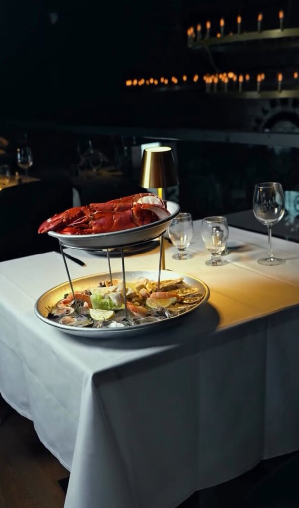 Chilled seafood tower with shrimp, oysters and crab at Allendale Steakhouse